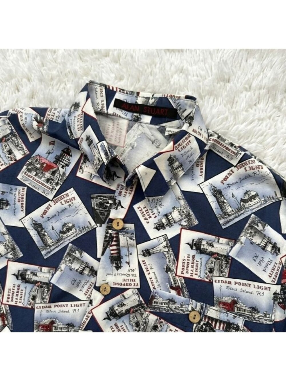 Light House New England Alan Stuart Print Shirt (Medium) Mens AOP Maine, Rhode I